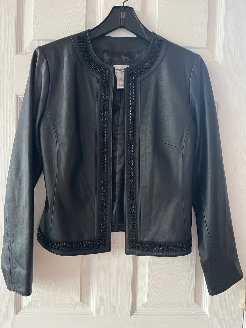 Chico's Black Leather Collarless Beaded Trim Jacket